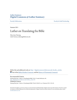 Luther on Translating the Bible Mary Jane Haemig Luther Seminary, Mhaemig@Luthersem.Edu