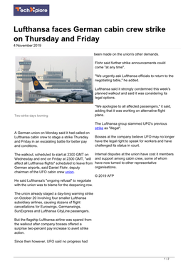 Lufthansa Faces German Cabin Crew Strike on Thursday and Friday 4 November 2019