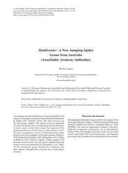 Maddisonia—A New Jumping Spider Genus from Australia (Arachnida: Araneae: Salticidae)