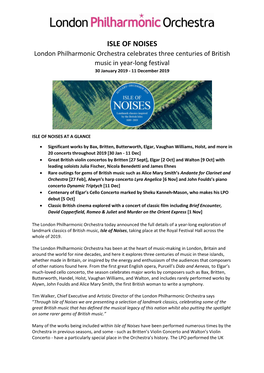 ISLE of NOISES London Philharmonic Orchestra Celebrates Three Centuries of British Music in Year-Long Festival 30 January 2019 - 11 December 2019