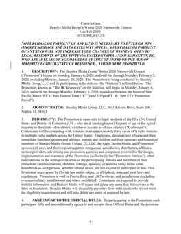 1- Carrie's Cash Beasley Media Group's Winter 2020 Nationwide Contest (Jan/Feb 2020) OFFICIAL RULES NO PURCHASE OR PAYMENT