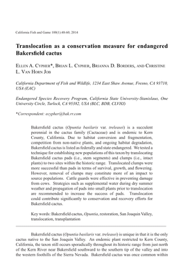 Translocation As a Conservation Measure for Endangered Bakersfield Cactus