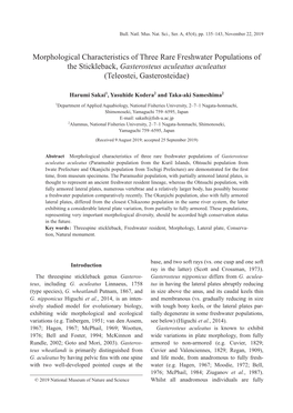 Morphological Characteristics of Three Rare Freshwater Populations of the Stickleback, Gasterosteus Aculeatus Aculeatus (Teleostei, Gasterosteidae)