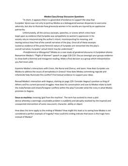 Medea Class/Group Discussion Questions “In Short, It Appears There Is a Good Deal of Evidence to Support the View That Euripi