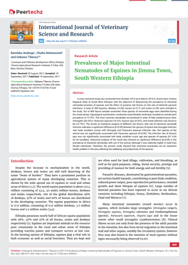 Prevalence of Major Intestinal Nematodes of Equines in Jimma Town, South Western Ethiopia