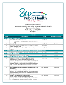 Board of Health Meeting Woodstock Location: 410 Buller Street, Woodstock, Ontario Basement Boardroom Wednesday, April 10, 2019 4:30 P.M