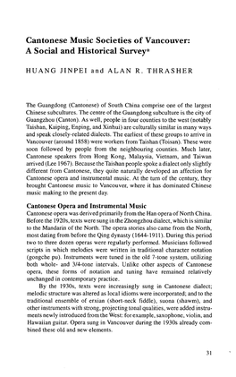 Cantonese Music Societies of Vancouver: a Social and Historical Survey*