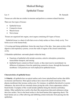 Medical Biology Epithelial Tissue