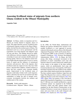 Assessing Livelihood Status of Migrants from Northern Ghana Resident in the Obuasi Municipality