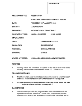 Area Committee: West Luton Challney, Leagrave & Lewsey Wards Date