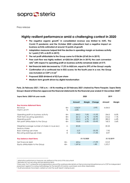 Highly Resilient Performance Amid a Challenging Context in 2020