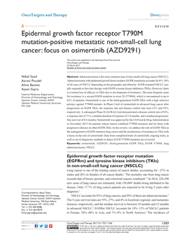 Epidermal Growth Factor Receptor T790M Mutation-Positive Metastatic Non-Small-Cell Lung Cancer: Focus on Osimertinib (AZD9291)