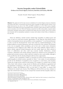 Income Inequality Under Colonial Rule Evidence from French Algeria, Cameroon, Indochina and Tunisia, 1920-1960