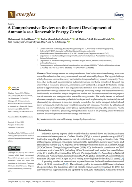 A Comprehensive Review on the Recent Development of Ammonia As a Renewable Energy Carrier