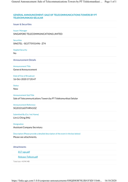 Page 1 of 1 General Announcement::Sale of Telecommunications Towers by PT Telekomunikasi ... 16/10/2020