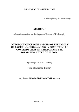 REPUBLIC of AZERBAIJAN on the Rights of the Manuscript ABSTRACT of the Dissertation for the Degree of Doctor of Philosophy INTR