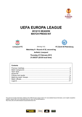 Uefa Europa League 2012/13 Season Match Press Kit