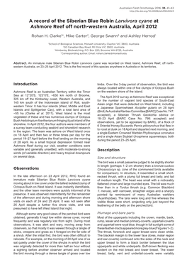 A Record of the Siberian Blue Robin Larvivora Cyane at Ashmore Reef Off North-Western Australia, April 2012