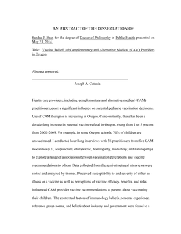 Vaccine Beliefs of Complementary and Alternative Medical (CAM) Providers in Oregon