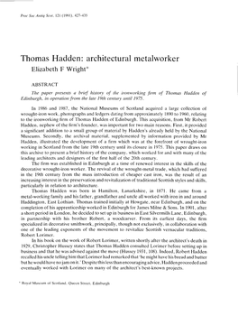 Thomas Hadden: Architectural Metalworker Elizabeth F Wright*