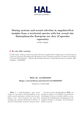 Mating Systems and Sexual Selection in Ungulatesnew Insights from A