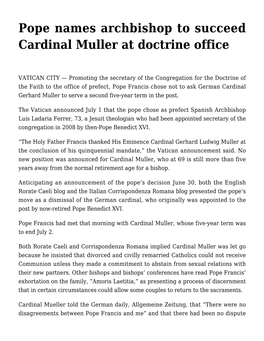 Pope Names Archbishop to Succeed Cardinal Muller at Doctrine Office