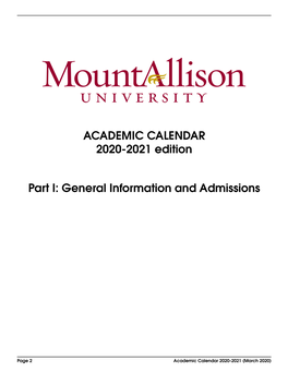 ACADEMIC CALENDAR 2020-2021 Edition Part I: General Information