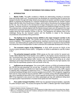 Metro Manila Transport Project, Phase 1 TA Report 51117-002 Annex 3-1