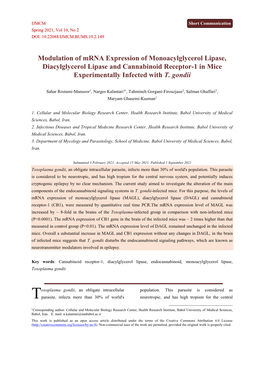 Modulation of Mrna Expression of Monoacylglycerol Lipase, Diacylglycerol Lipase and Cannabinoid Receptor-1 in Mice Experimentally Infected with T