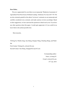 Dear Editor, We Are So Appreciated for Your Letter on Our Manuscript “Reduction Assessment Of