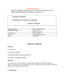 Linguistic Stylistics Introduction to Figurative Language Figures of Speech