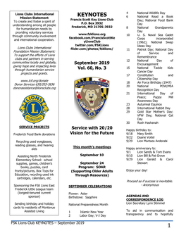 KEYNOTES 4 National Wildlife Day Mission Statement 6 National Read a Book Francis Scott Key Lions Club to Create and Foster a Spirit of Day; National Food Bank P.O