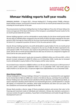 Ithmaar Holding Reports Half-Year Results