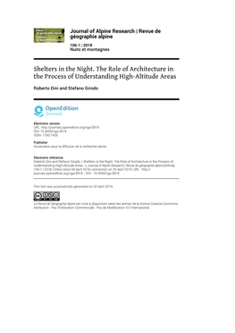 Revue De Géographie Alpine, 106-1 | 2018 Shelters in the Night