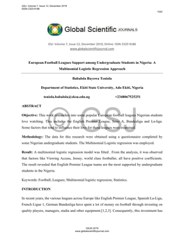 European Football Leagues Support Among Undergraduate Students in Nigeria: a Multinomial Logistic Regression Approach