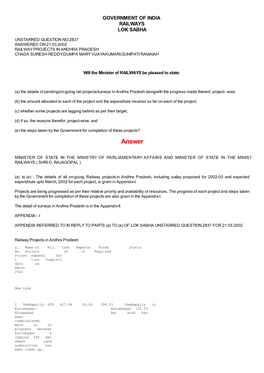 Answered On:21.03.2002 Railway Projects in Andhra Pradesh Chada Suresh Reddy;Dumpa Mary Vijayakumari;Gunipati Ramaiah