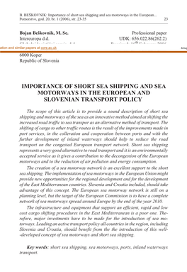 Importance of Short Sea Shipping and Sea Motorways in the European