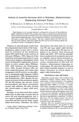 Activity of Juvenile Hormone Acid in Brainless, Allatectomized Diapausing Cecropia Pupae