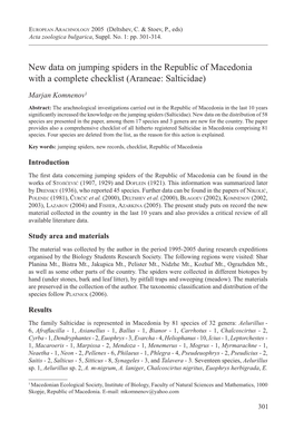 New Data on Jumping Spiders in the Republic of Macedonia with a Complete Checklist (Araneae: Salticidae)