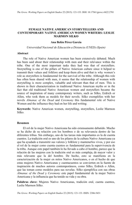 FEMALE NATIVE AMERICAN STORYTELLERS and CONTEMPORARY NATIVE AMERICAN WOMEN WRITERS: LESLIE MARMON SILKO Ana Belén Pérez Garcí