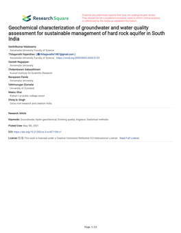 Geochemical Characterization of Groundwater and Water Quality Assessment for Sustainable Management of Hard Rock Aquifer in South India