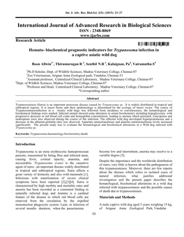 Biochemical Prognostic Indicators for Trypanosoma Infection in a Captive Asiatic Wild Dog