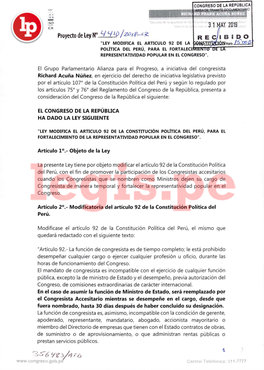 Un BDO "LEY MODIFICA EL ARTICULO 92 DE LA Hora POLÍTICA DEL PERÚ, PARA EL Fortaleciiflhi:NI( REPRESENTATIVIDAD POPULAR EN EL CONGRESO"