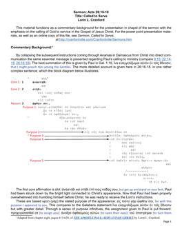 Sermon: Acts 26:16-18 Title: Called to Serve Lorin L. Cranford This