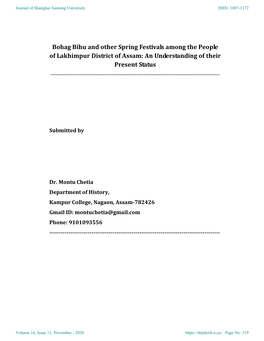 Bohag Bihu and Other Spring Festivals Among the People of Lakhimpur District of Assam: an Understanding of Their Present Status