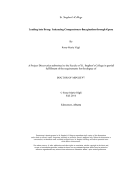 St. Stephen's College Leading Into Being: Enhancing Compassionate Imagination Through Opera by Rose-Marie Nigli a Project Diss