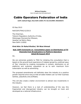 Cable Operators Federation of India 13/97, Subhash Nagar, New Delhi‐110027, Ph