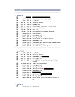 Treasury Secretary Steven T. Mnuchin's Calendar for February 2017 to June 2017