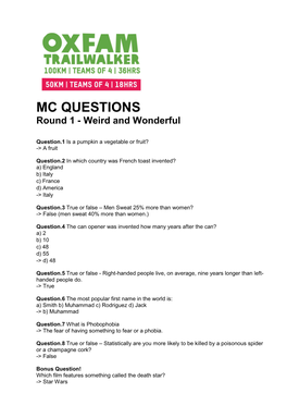 MC QUESTIONS Round 1 - Weird and Wonderful