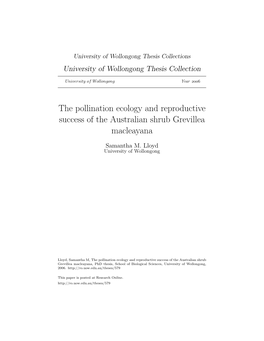 The Pollination Ecology and Reproductive Success of the Australian Shrub Grevillea Macleayana